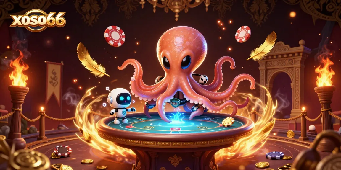 Engage in thrilling gameplay at xoso66 with vibrant illustrations of an alien octopus and dynamic poker action.