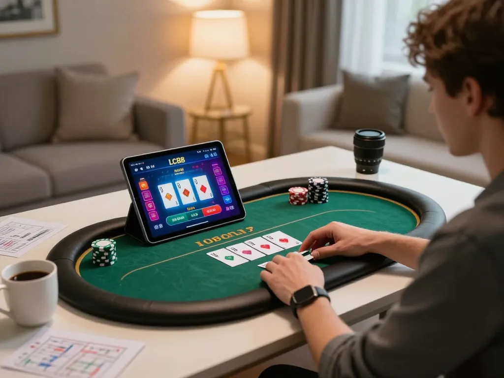 Engaging in an online poker game with LC88 on a tablet while enjoying a cozy home environment.