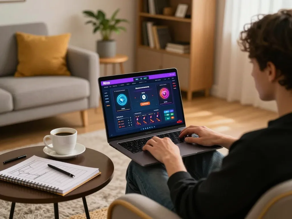 Player engaging with Rikvip online casino on laptop, showcasing a cozy home gaming setup.