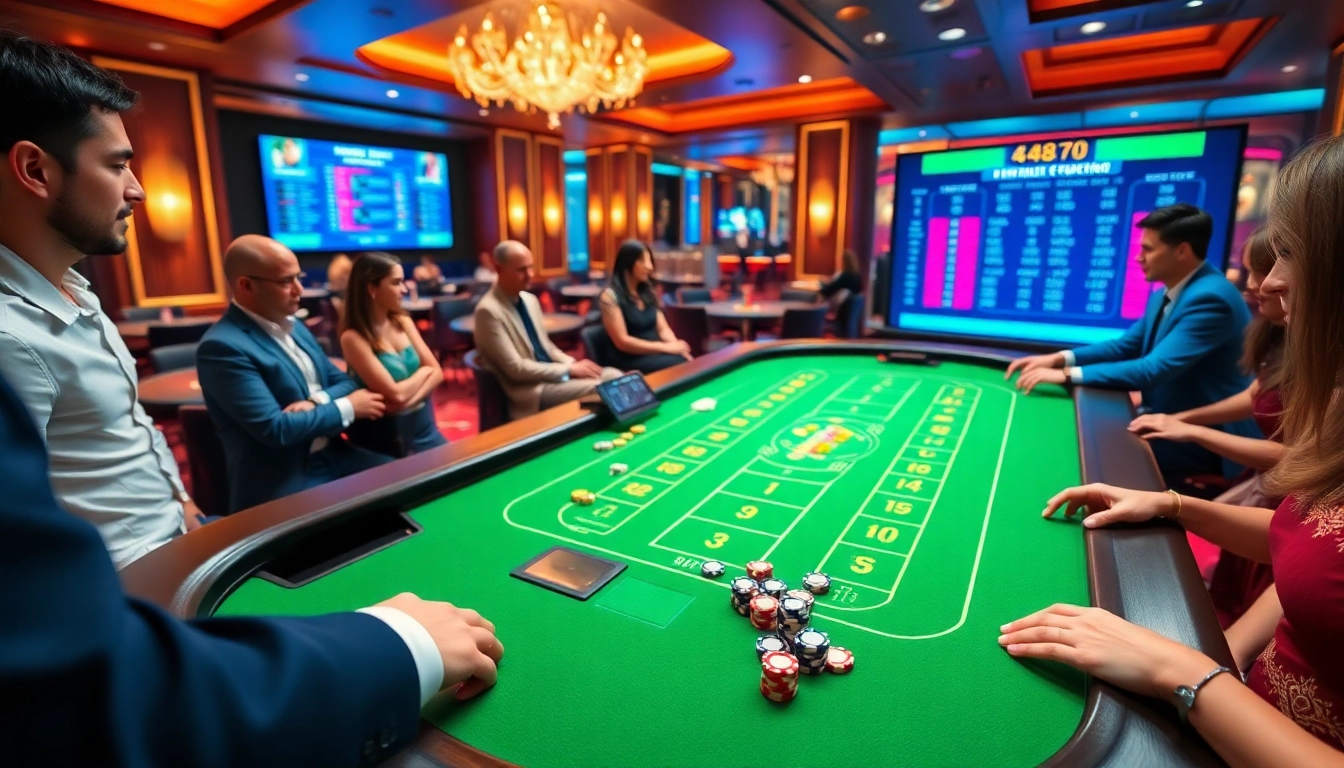 Tài xỉu md5 action at a vibrant casino table, with excited players and colorful chips.