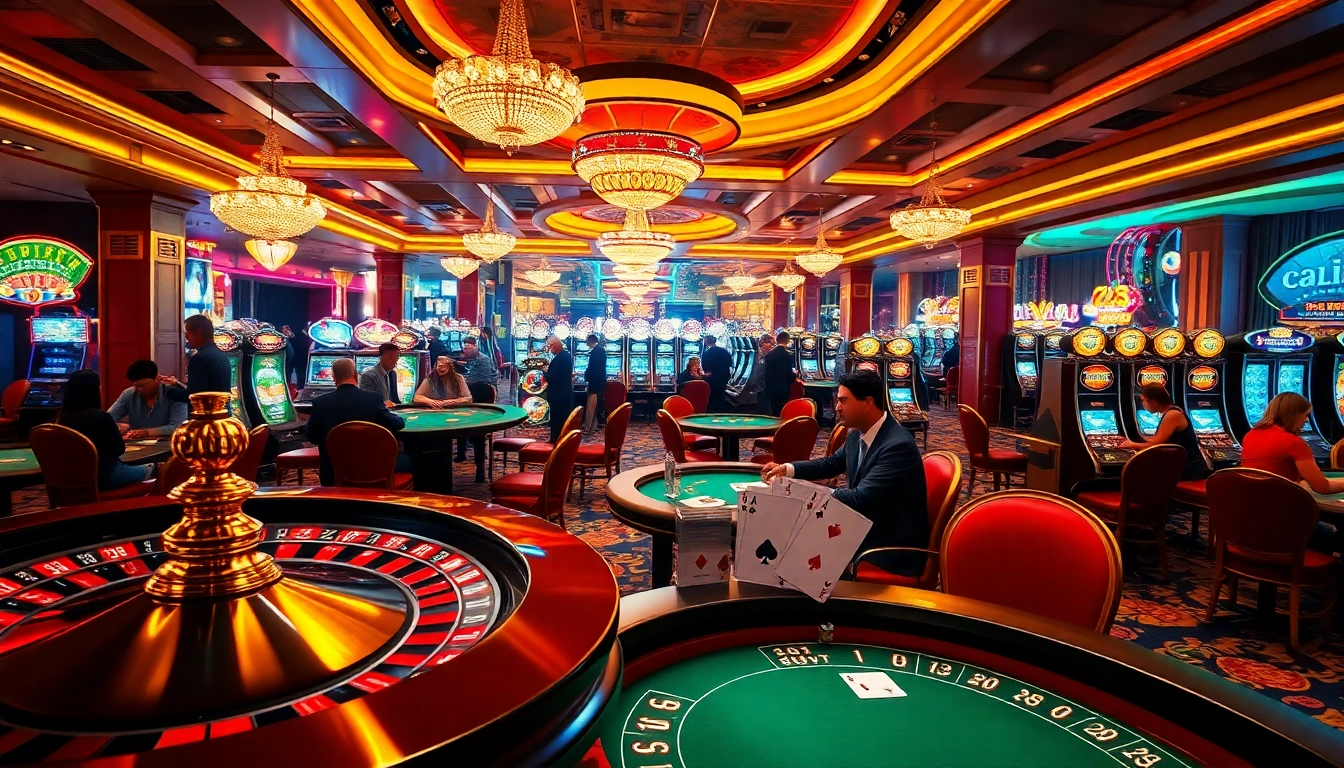 Exciting casino scene featuring dh88-themed poker tables and vibrant slot machines.
