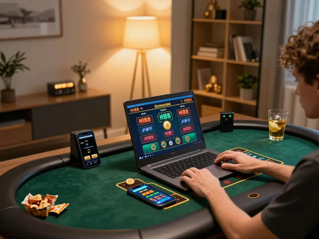 Experience excitement at HI88 while enjoying online casino games in a cozy home setting.