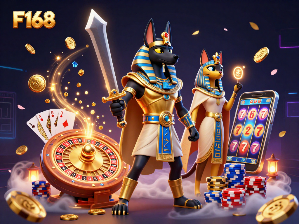 F168 players experiencing excitement with Anubis and Bastet amidst casino wonders.