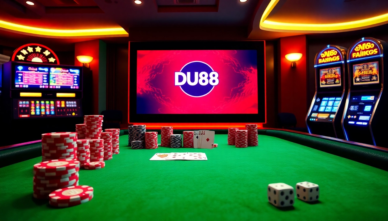 Experience high-stakes gambling at DU88 with vibrant casino tables, cards, and chips.