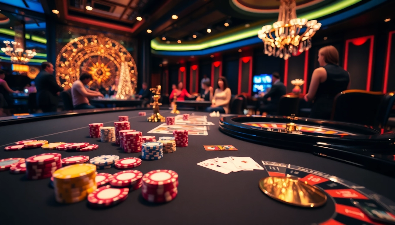 Players enjoying a thrilling game at hitclub's luxurious casino table filled with vibrant poker chips and cards.