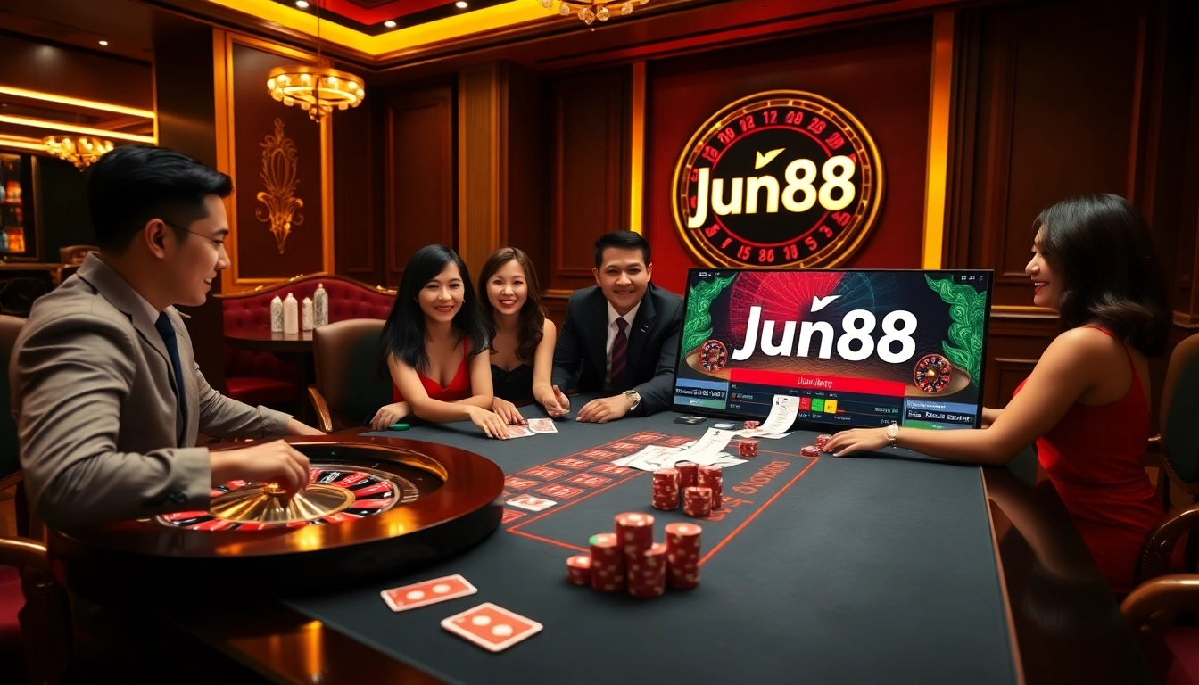 Jun88 players engaging in an exciting casino game at a luxurious poker table.