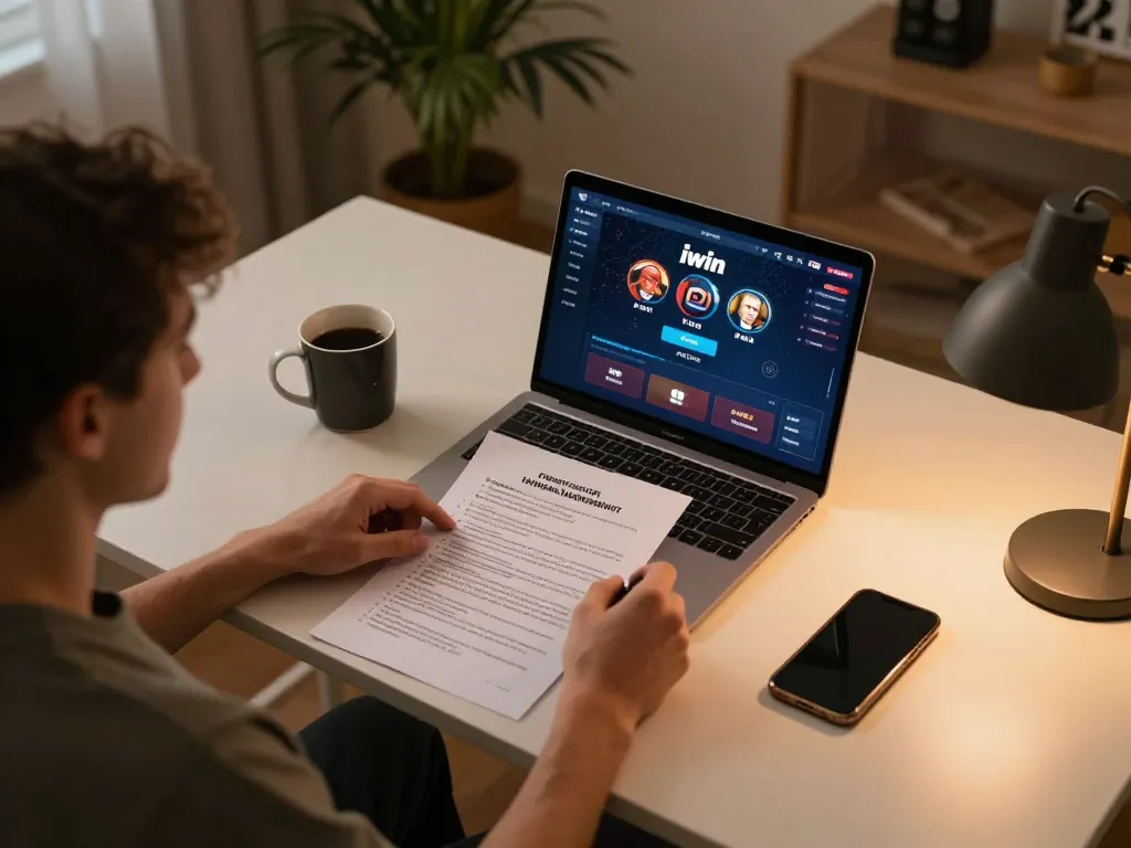 Person mastering iwin poker strategies at home gaming setup with notes and laptop.