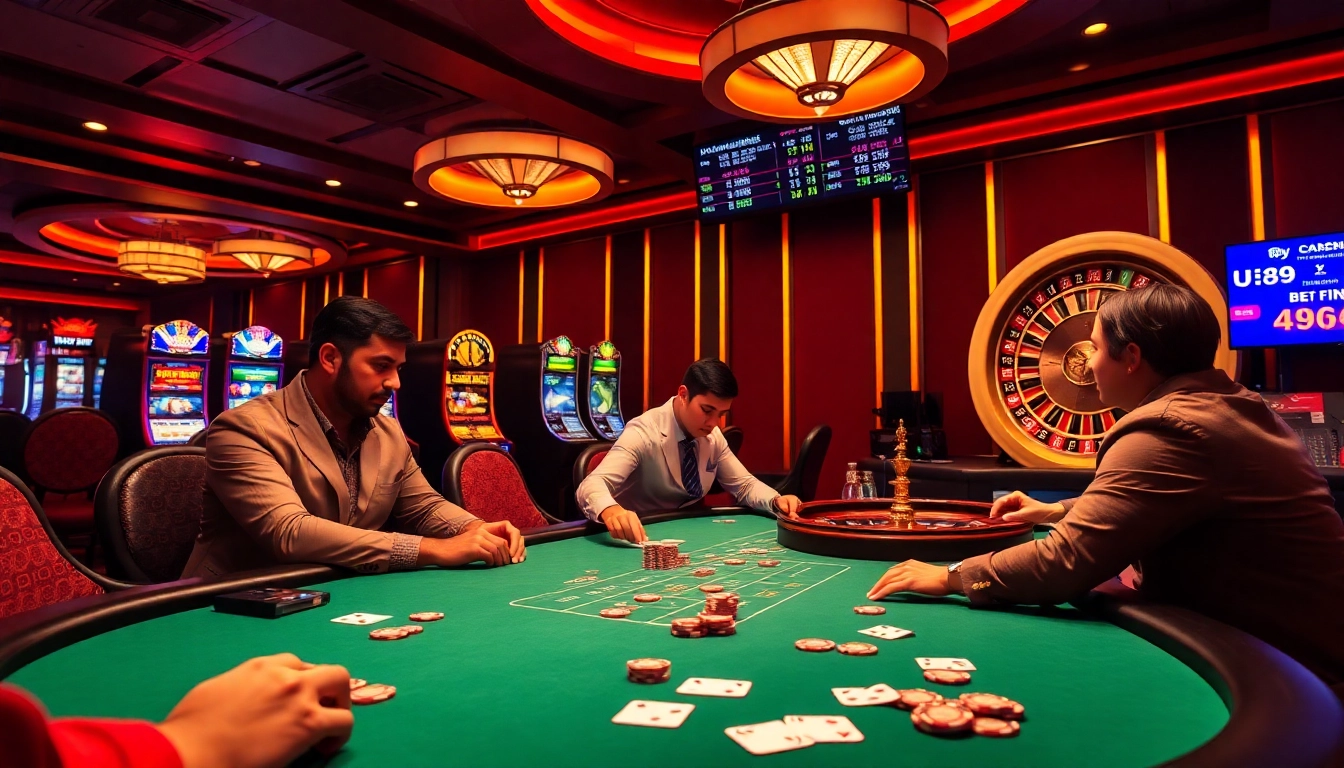 uu88 players engaging at a professional casino table with vibrant slot machines in the background.