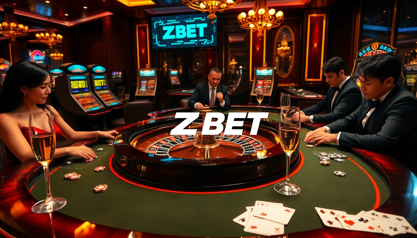 ZBET branded roulette table with enthusiastic gamblers in a luxurious casino setting