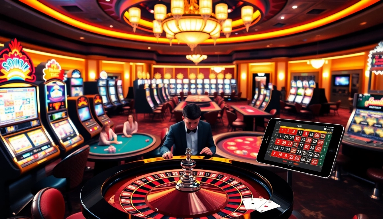 Experience the excitement of 69vn with vibrant slot machines and elegant poker tables in a luxurious casino setting.