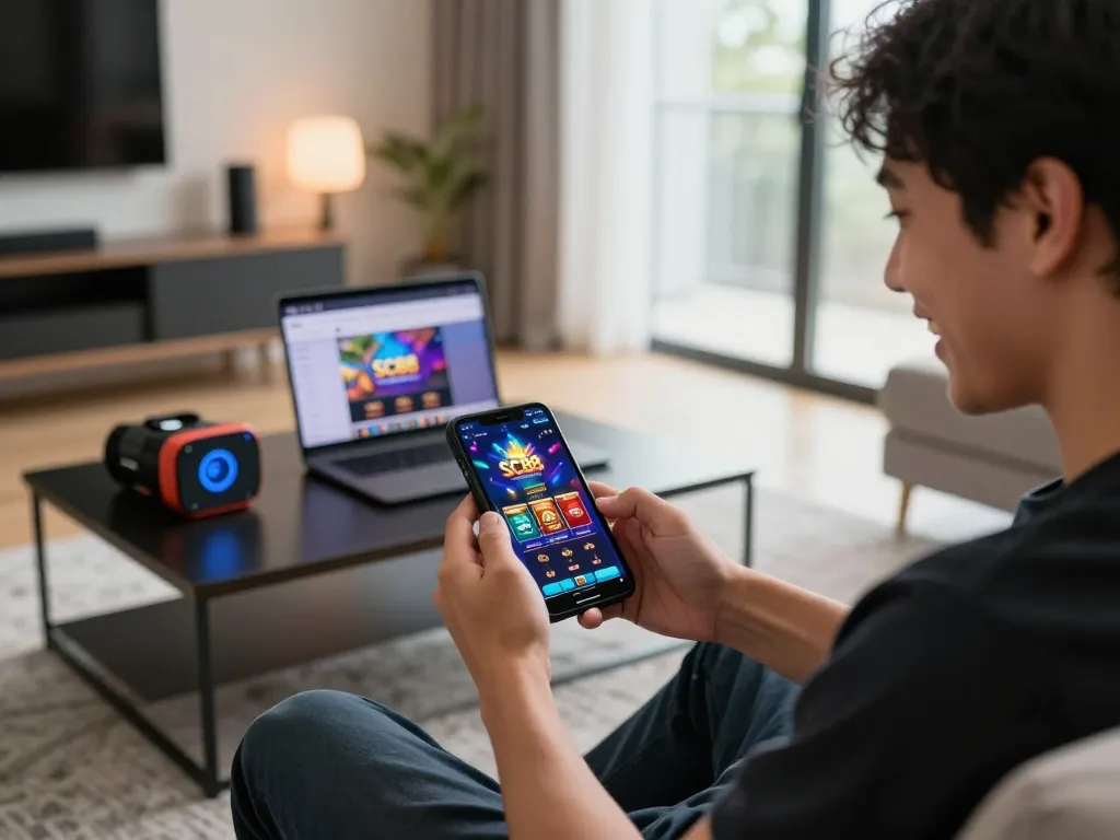 Player engaging with the SC88 mobile app in a stylish living room, showcasing an exciting online gaming experience at https://sc88e.com/.