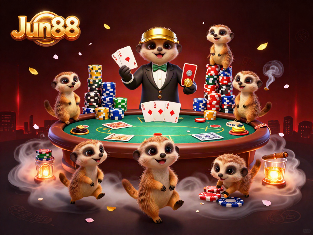 Experience the excitement of Jun88 at a vibrant casino with animated meerkats in action.