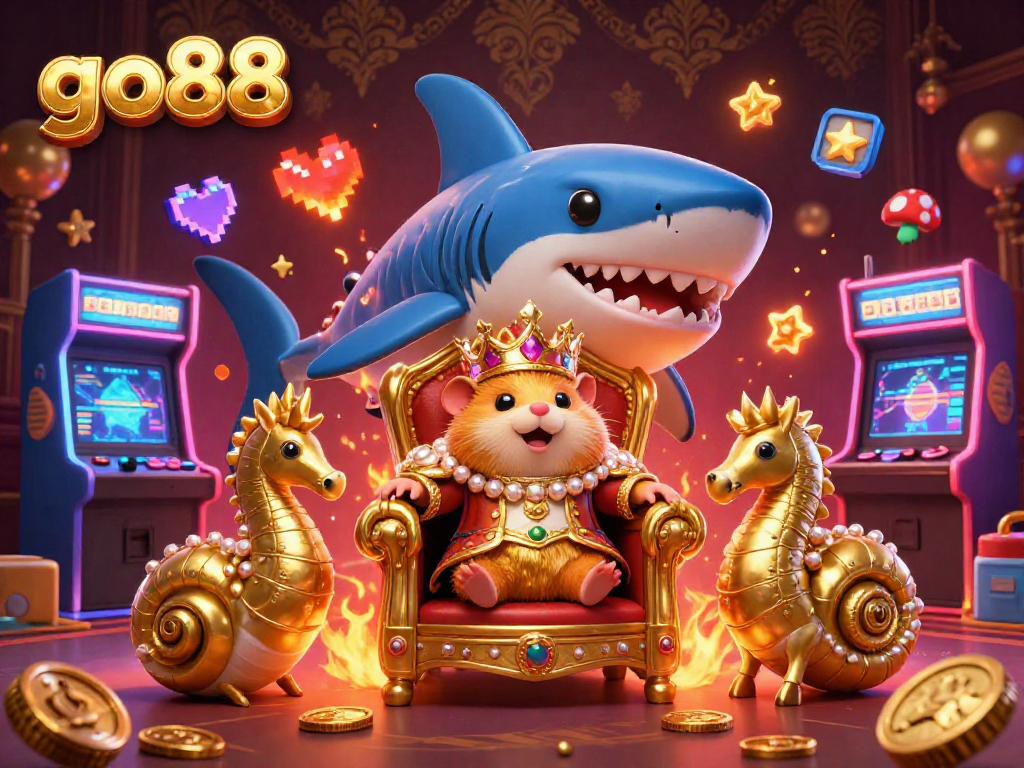 Engage with go88's vivid 3D illustration showcasing a golden hamster king in a casino-themed realm.