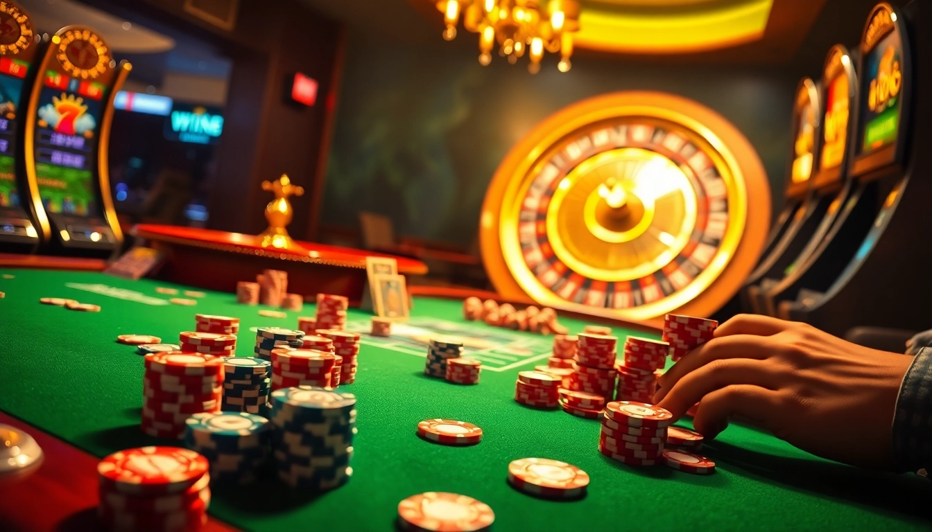IWIN68 poker table scene showcasing excitement and luxury in gambling, with vibrant colors and elegant ambiance.