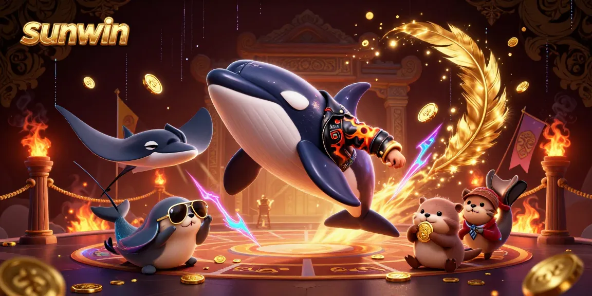 Experience thrilling gameplay at Sunwin with an orca whale, stingray, and otters amidst gold coins.