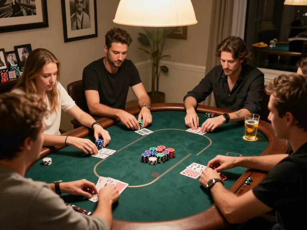 KQBD players engaged in poker strategy over a warm home atmosphere.
