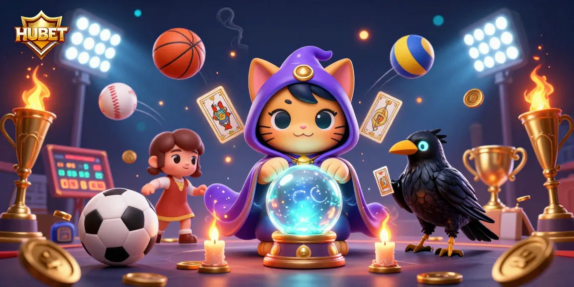 Experience the thrill of betting at HUBET with a vibrant 3D illustration of fortune tellers and sports elements.