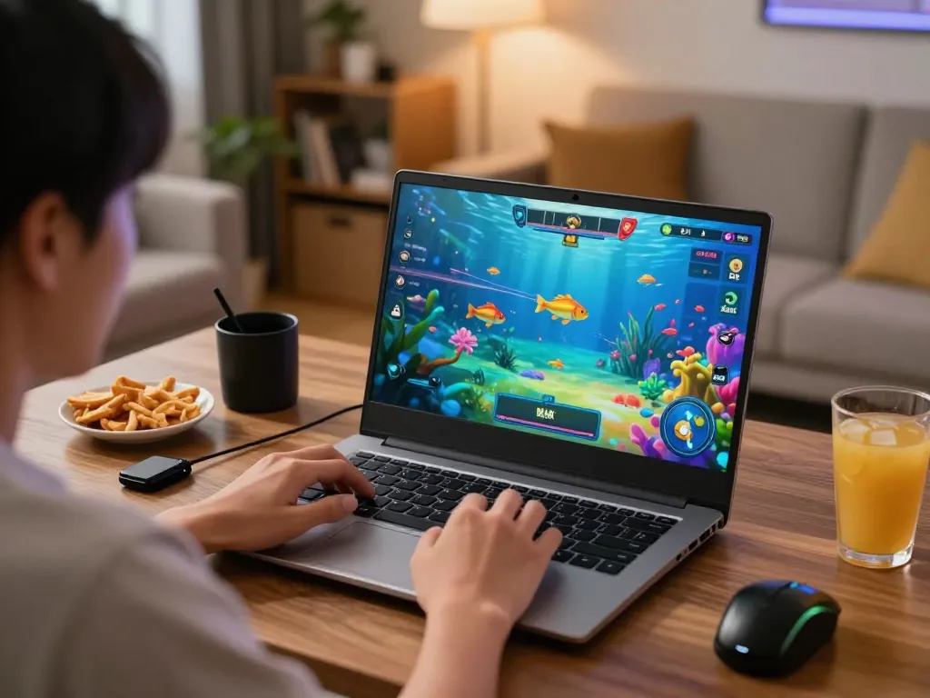 Bắn Cá Đổi Thưởng gameplay in a cozy home setting, showcasing vibrant underwater graphics and player engagement.