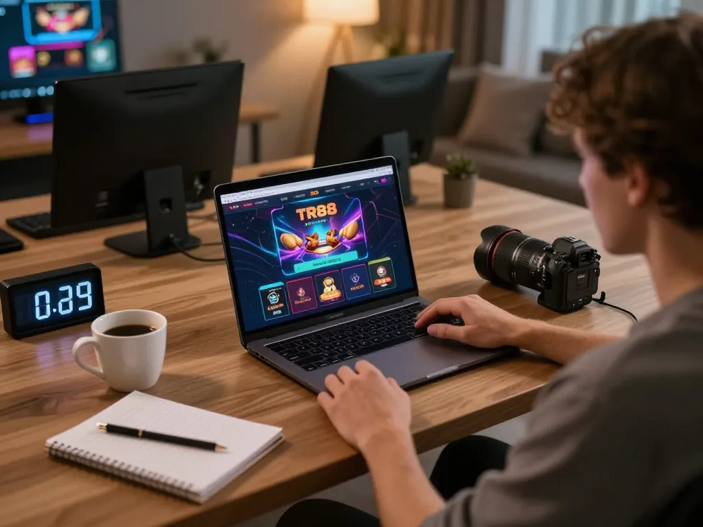 Engaging in strategic gameplay on TR88 casino platform with laptop and notes.