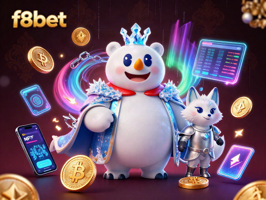 Engage with f8bet's vibrant casino world, featuring a polar bear and snow fox amid crypto symbols.