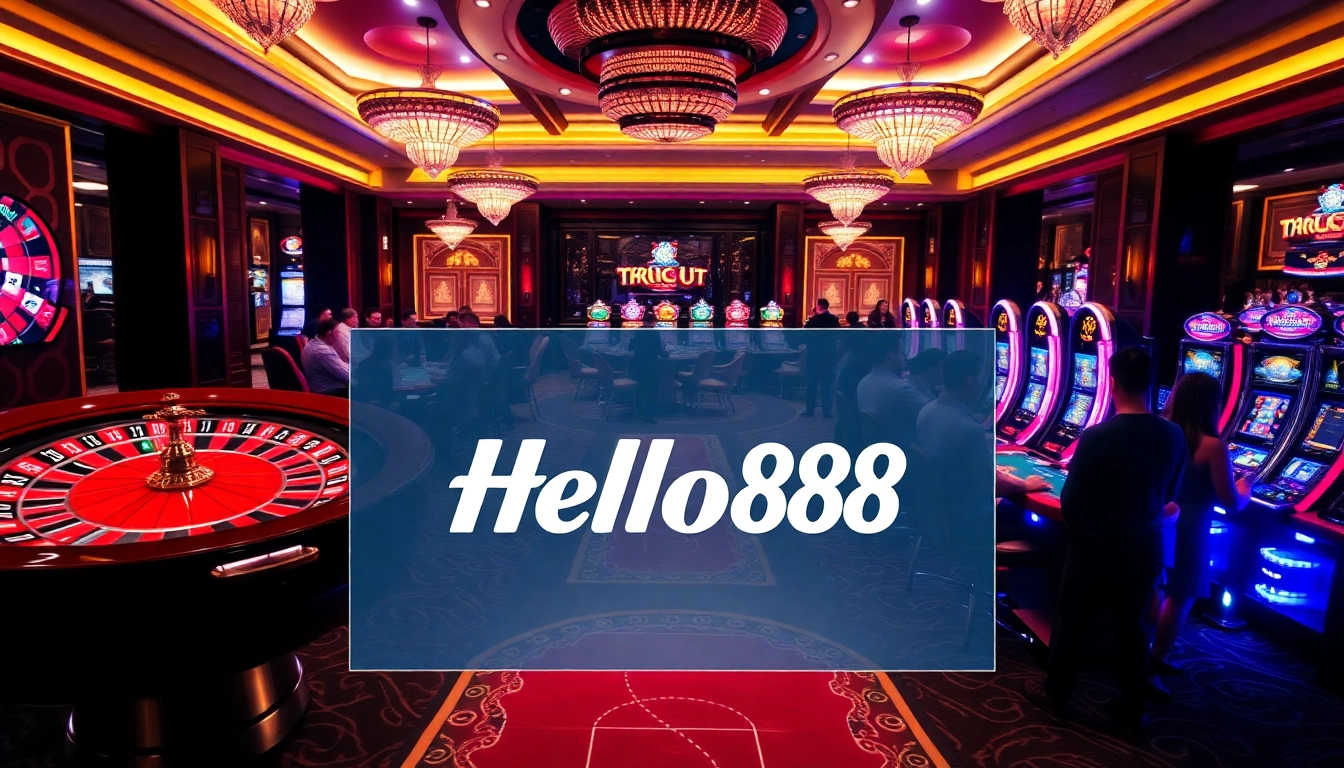 Engage in excitement at Trang chủ Hello88 with a vibrant casino scene showcasing roulette and poker.