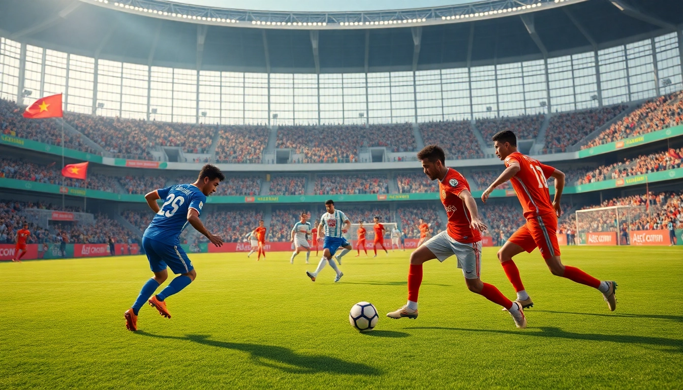 Exciting scene from Giải Bóng đá hạng Nhất Việt Nam match showcasing players and fans in a vibrant stadium.