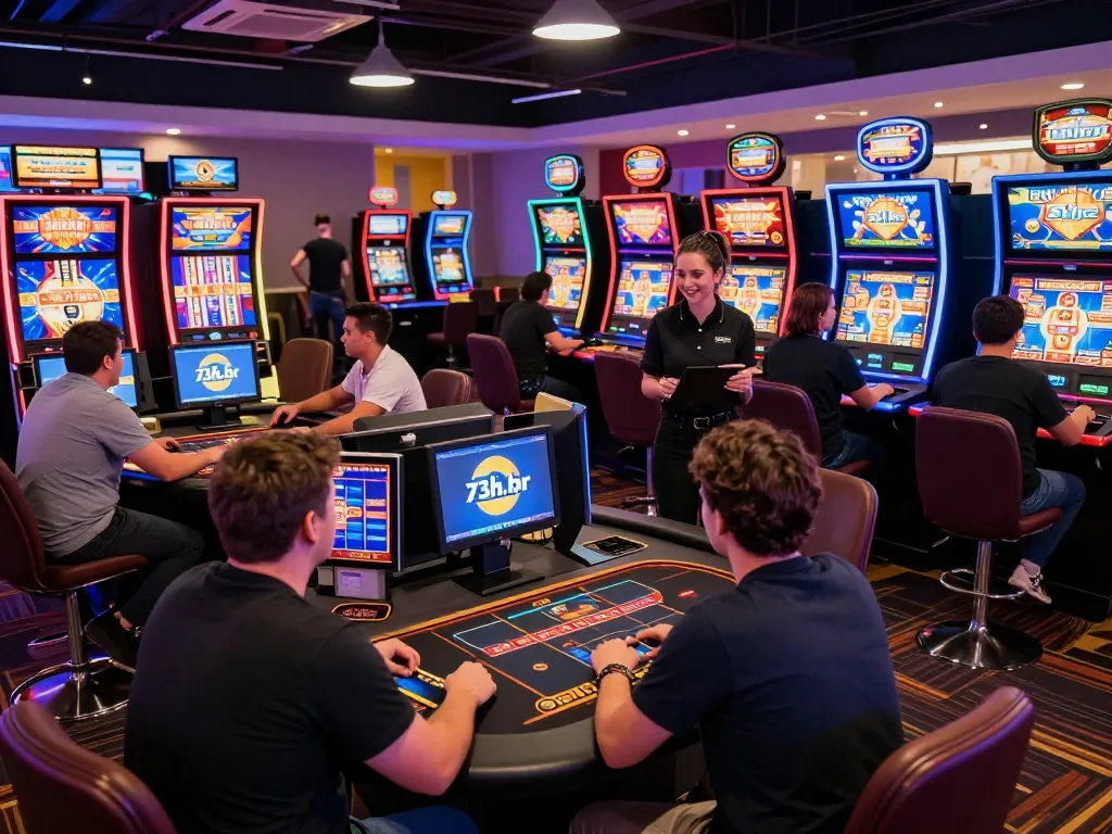 Exciting online gaming experience at 73h.br.com with diverse players enjoying slot machines and live dealer interactions.