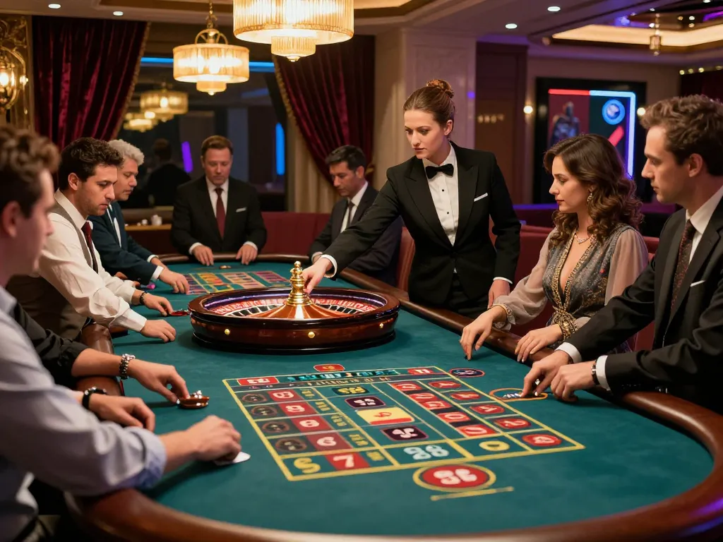 Hitclub players eagerly placing bets at a glamorous roulette table with a professional croupier.