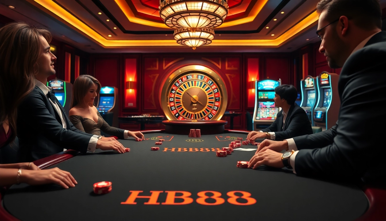 Experience the excitement of HB88 at a luxurious casino table with poker games and vibrant chips.