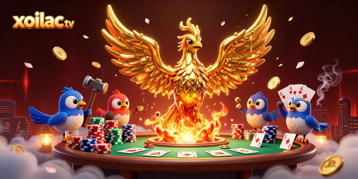 Xoilac TV streams high-stakes poker games with vibrant 3D artwork showcasing betting elements