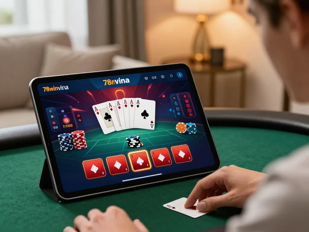 Engaged player at home using 78winvina tablet to strategize poker game.