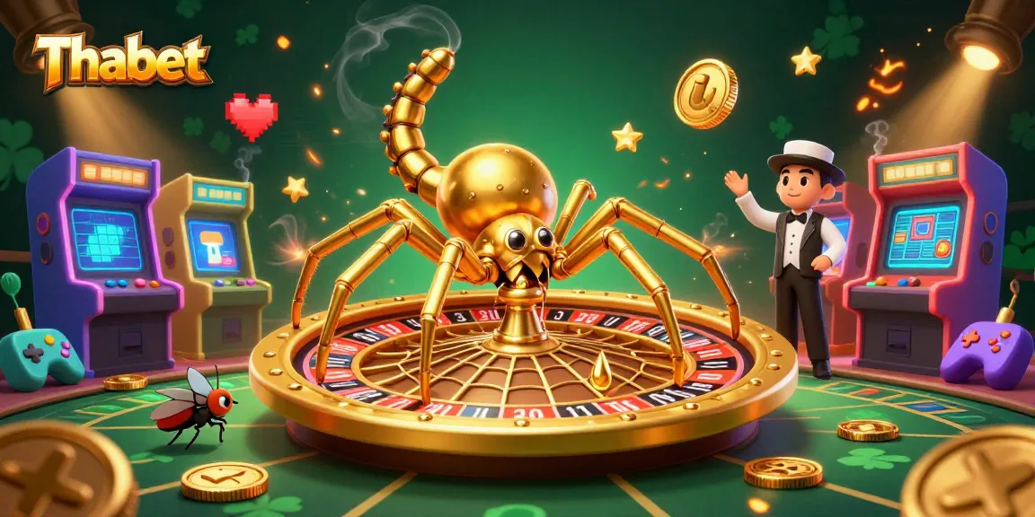 Experience thrilling bets with Thabet in a dazzling 3D casino scene featuring a golden spider and vibrant game elements.