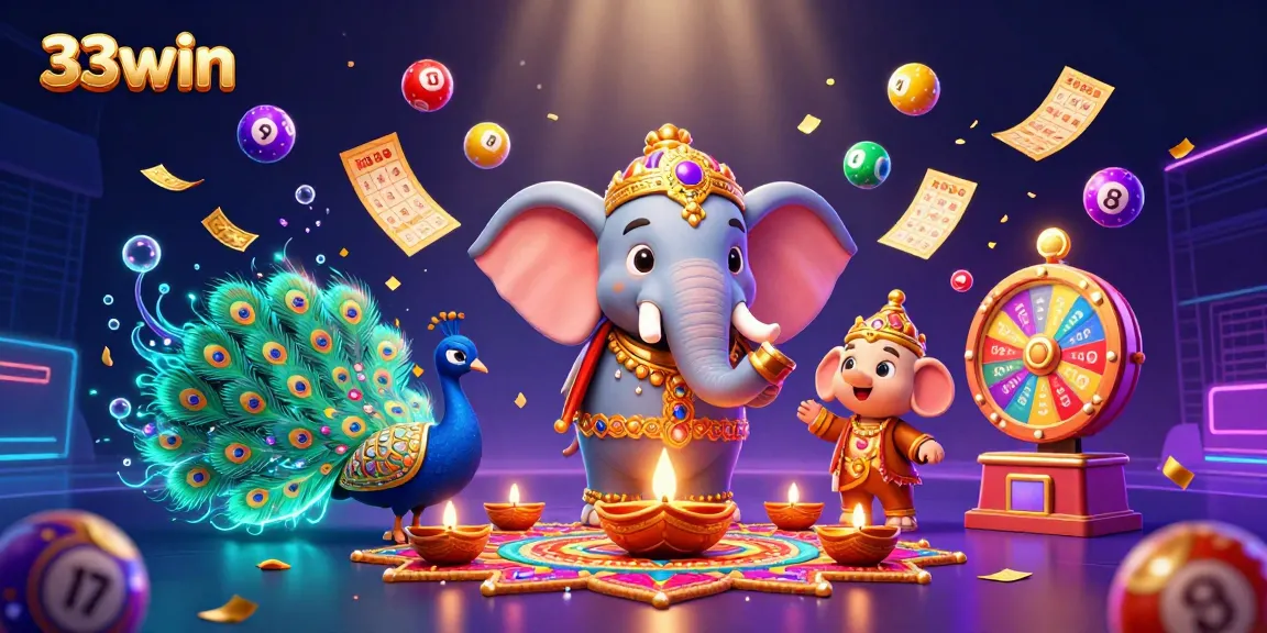 Engage with 33win's vibrant gaming world through an ultra-detailed illustration of lottery excitement and colorful characters.