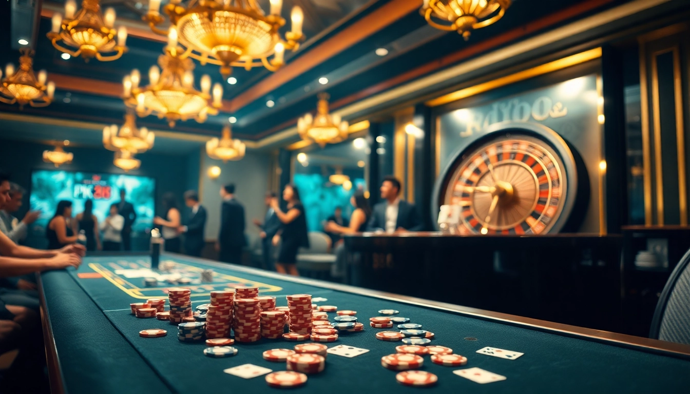 Exciting gaming action at tk88 with vibrant poker chips and a roulette wheel.
