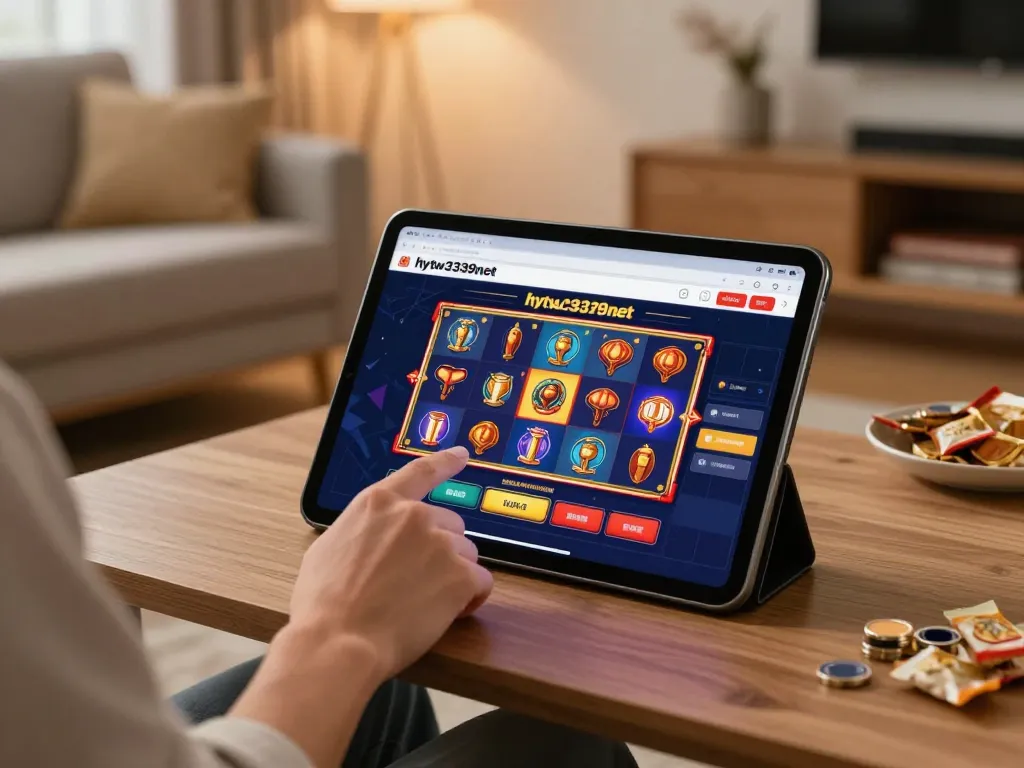 Engaging online gaming experience on hytw3339net featuring a player on a sleek tablet interface, cozy atmosphere