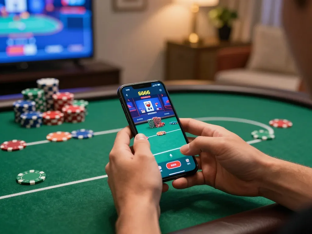 S666 đăng nhập via mobile app showing poker gameplay with colorful chips