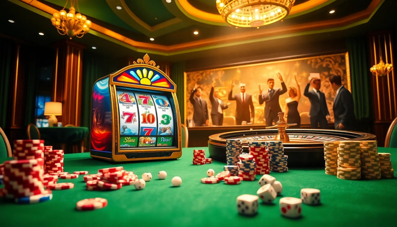 Nohu90 players celebrating big wins at a luxury casino slot machine and roulette table.