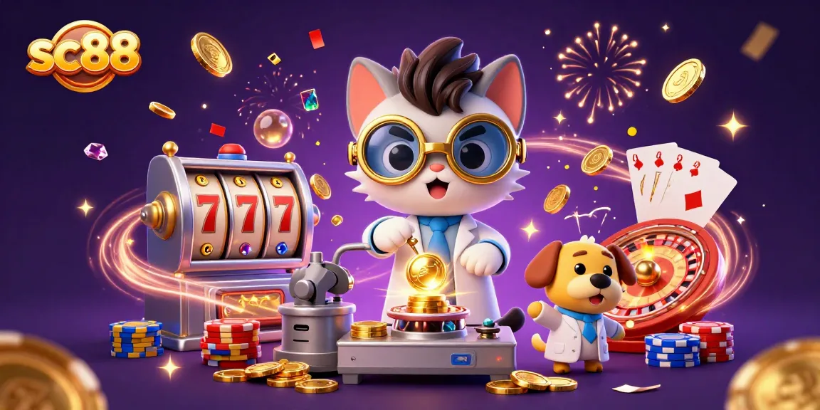 Experience the excitement of sc88 with a mad scientist cat and dog amidst golden coins and sparkling gems in a dynamic casino scene.