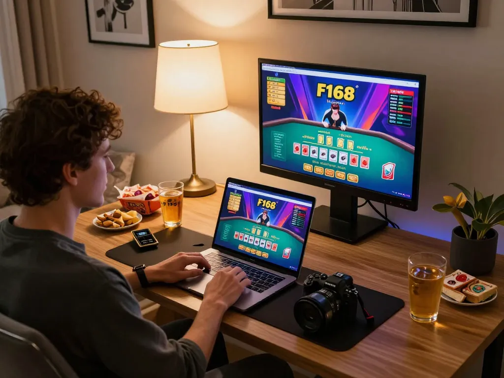 Engaging F168 online gambling scene with a player using laptop at home