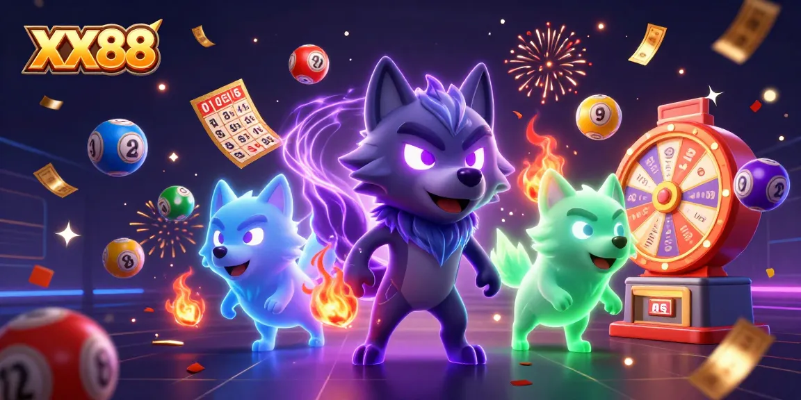 Join XX88 in an energetic celebration with vibrant lottery balls, a prize wheel, and a mesmerizing wolf scene.