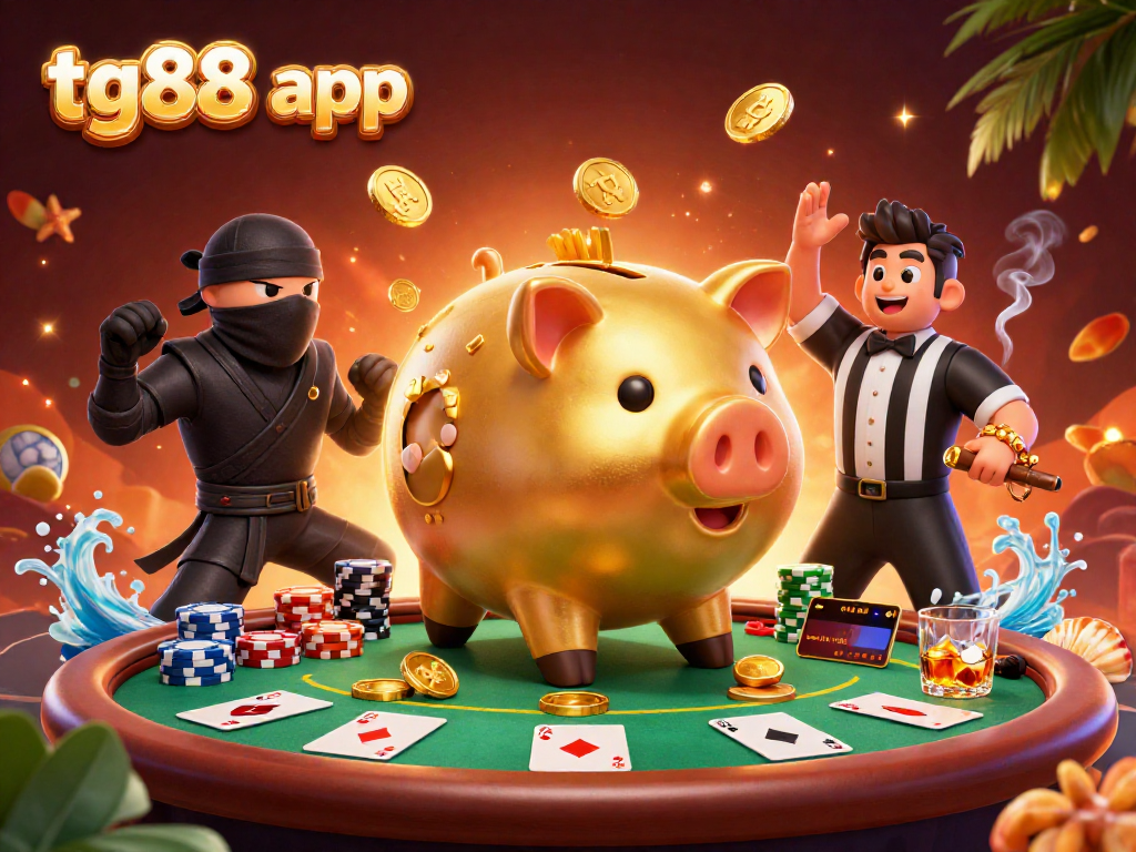 Join the excitement with tg88 app as the piggy bank sumo wrestler brings in golden coins at the poker table!