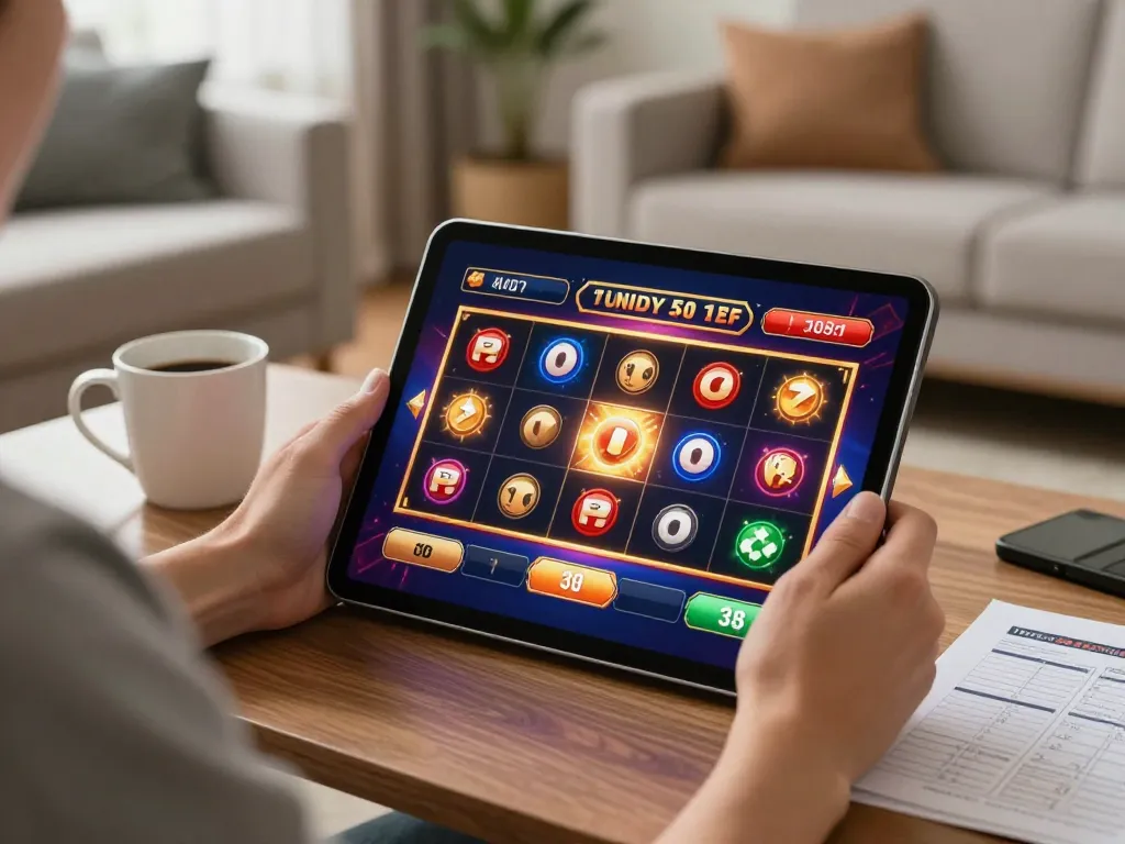 Sao789 player enjoying vibrant online slot games on a tablet in a cozy home setting.