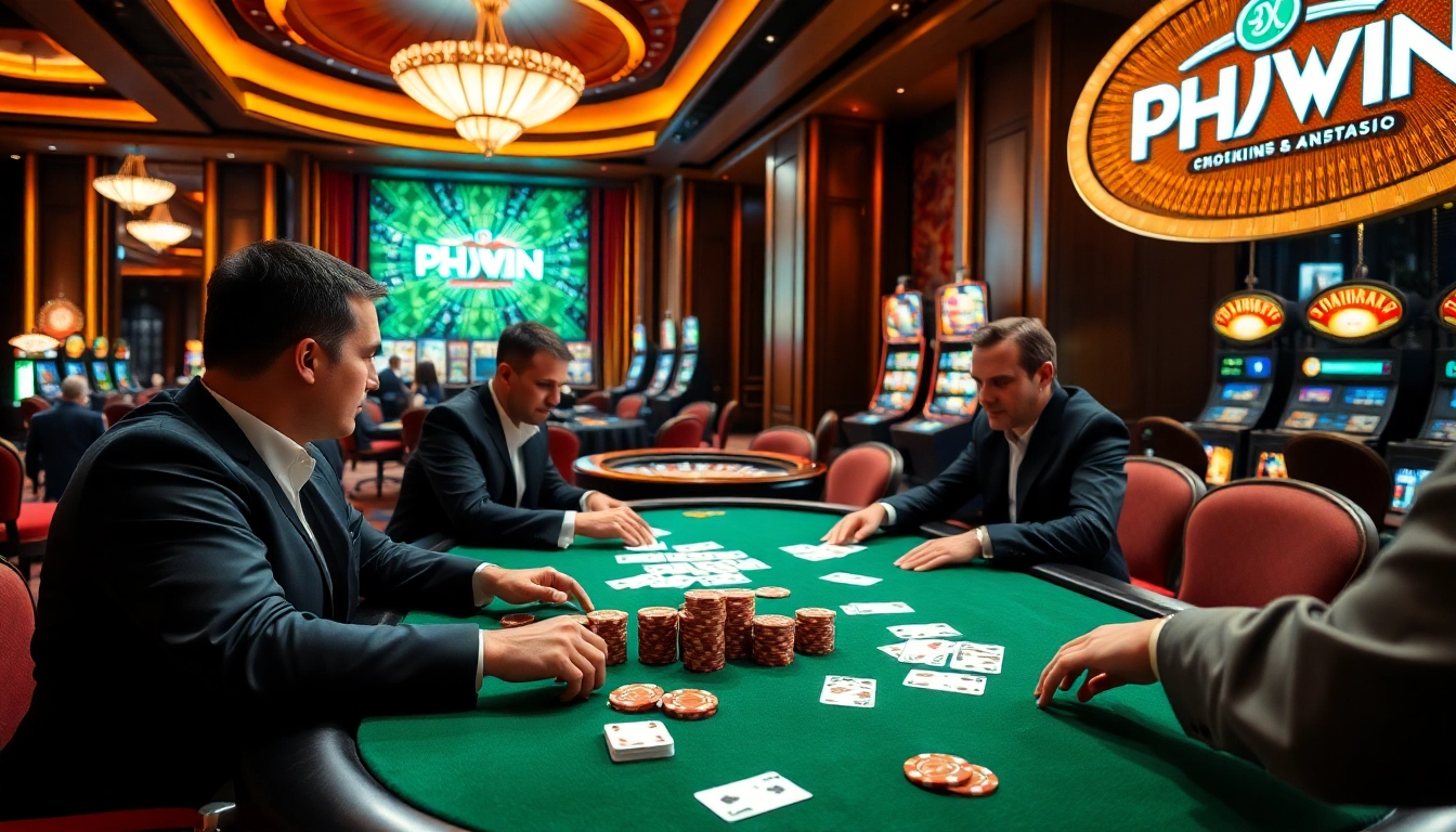 Experience the excitement of PHWIN with professional poker players at a vibrant casino table.