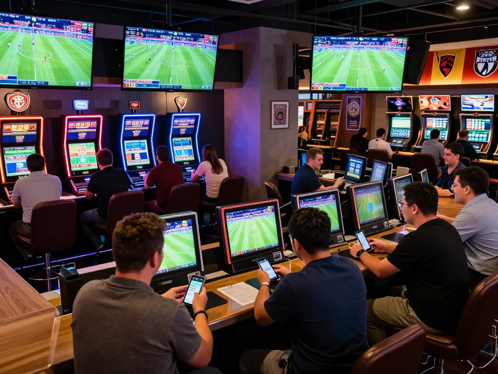 F168 sports betting corner with live football matches and excited bettors placing wagers.