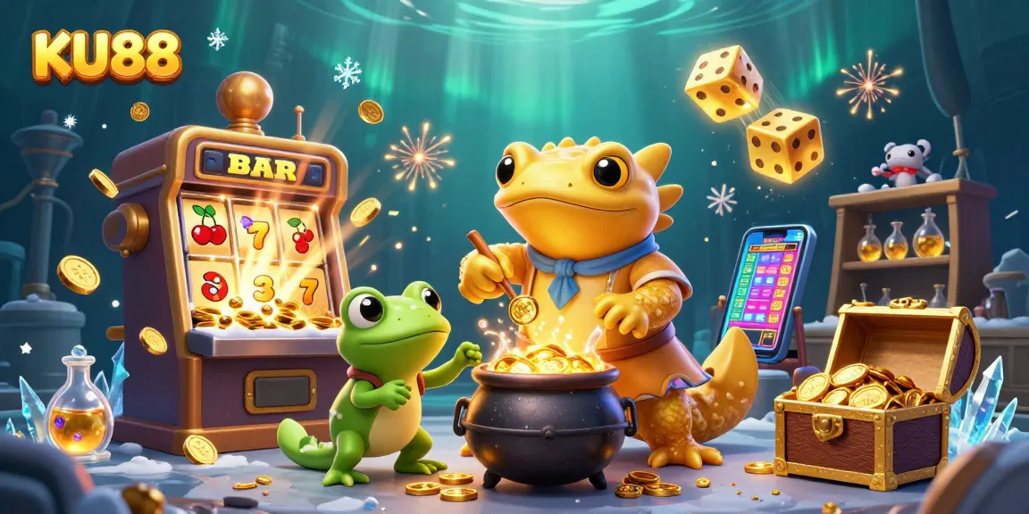 Win big at KU88 with the magical alchemist and vibrant slot machine scene.