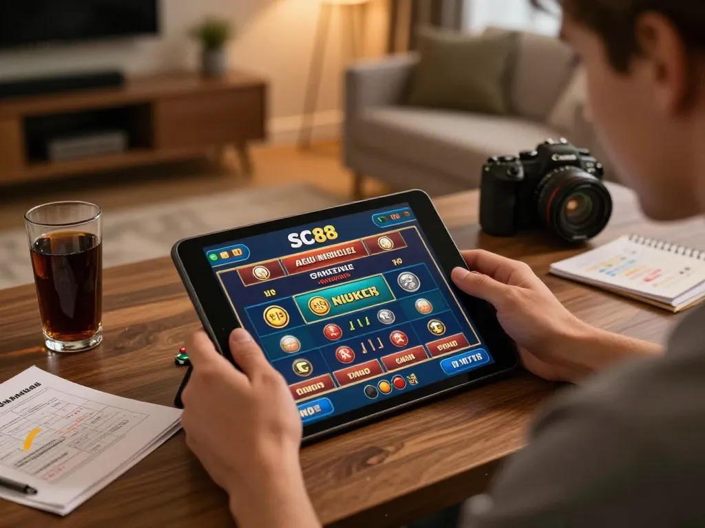 Engaging with sc88 mobile casino games on a tablet in a cozy home atmosphere.