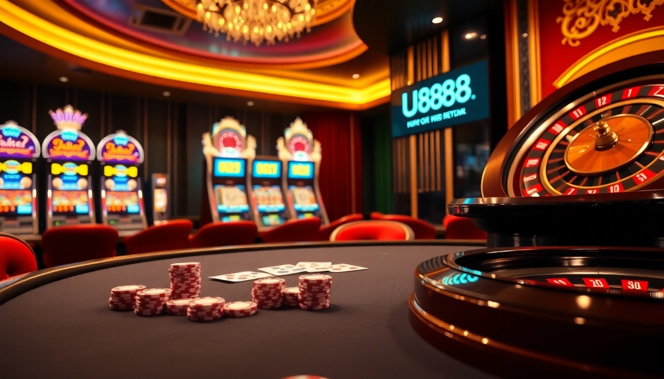 Experience the thrill of U888 at a luxurious casino with poker tables and slot machines.