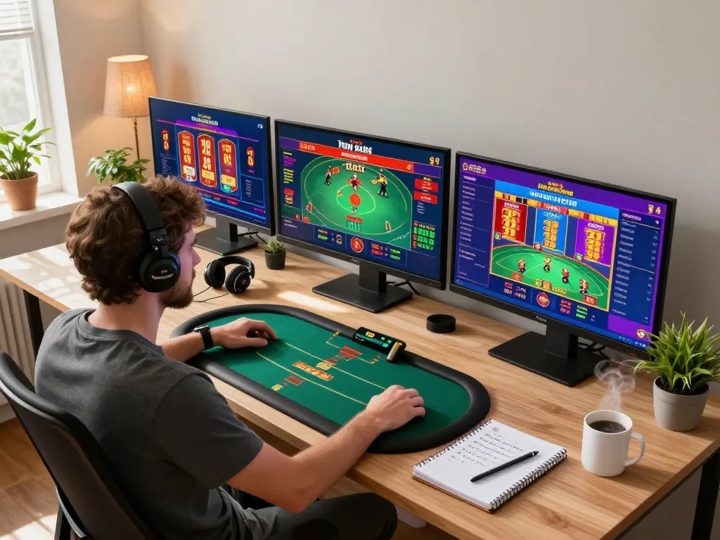 Gamer immersed in online casino gameplay on multiple screens with 98win interface, showcasing a vibrant gaming environment.