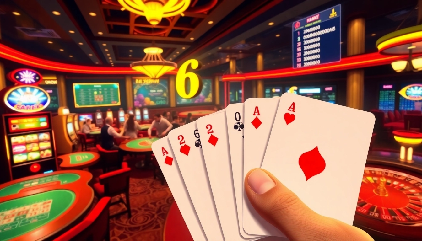 Excited players enjoying a winning moment at the 6FF casino with vibrant gaming tables.