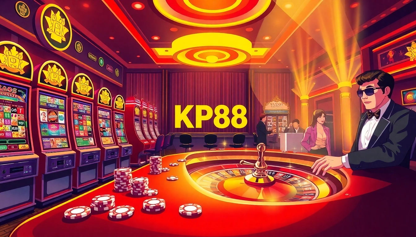 Gambling excitement at KP88 with colorful slot machines and poker chips at a casino table.